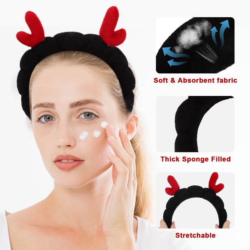 WHAVEL 2 Pack Deer Ears Spa Headband for Washing Face, Christmas Headband Get Ready Soft Terry Cloth Headbands Puffy Hair Band for Face Washing, Skincare, Makeup - Image 3